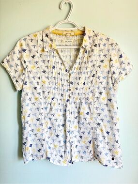 White Stuff 100% Cotton Short Sleeve Blouse - Bird Print - Size UK 12 / Medium